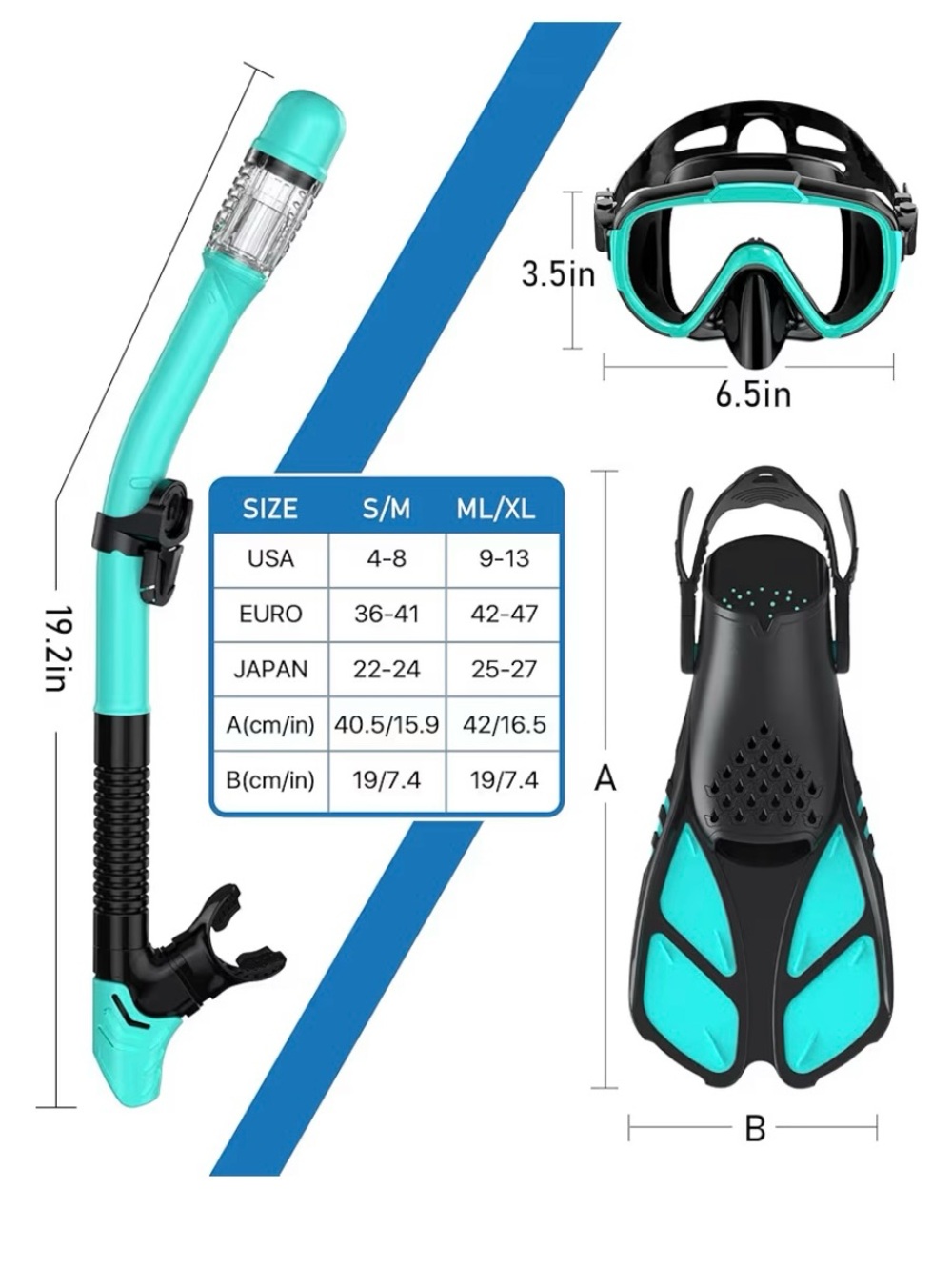 Teal Snorkel Set – Mask, Snorkel, and Fins